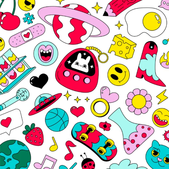 Colorful pattern of cute cartoon objects with hearts, cats, planets, and skateboards by Veronika Kir