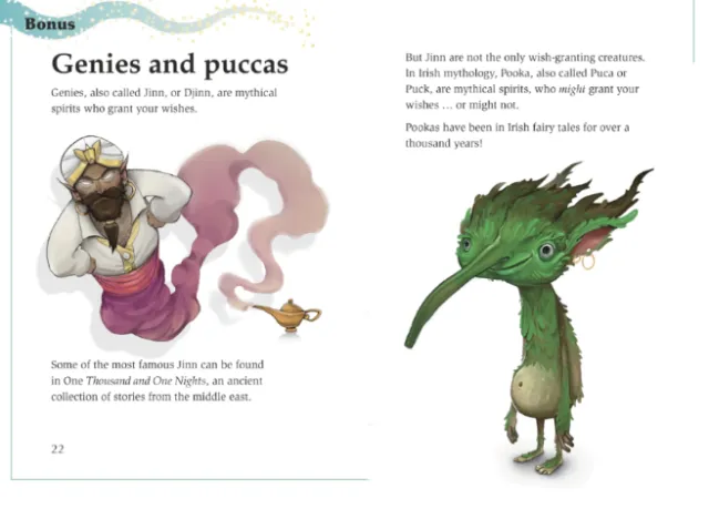 Illustrations of a genie and a pucca by Tom Bonson from a mythical creatures book