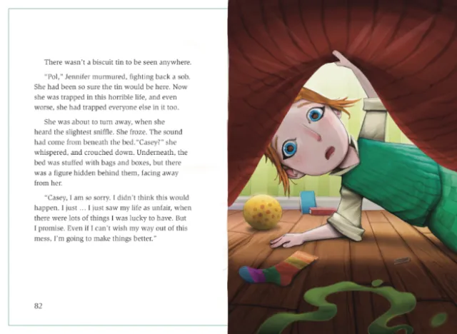 Illustration of girl crawling under bed with toys by Tom Bonson