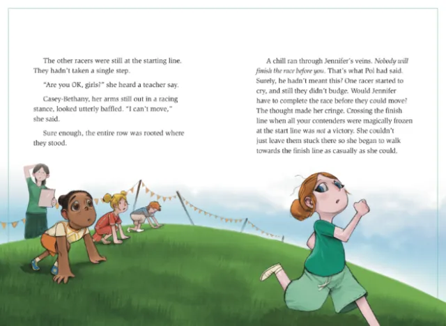 Children running a race toward the finish line, illustration by Tom Bonson