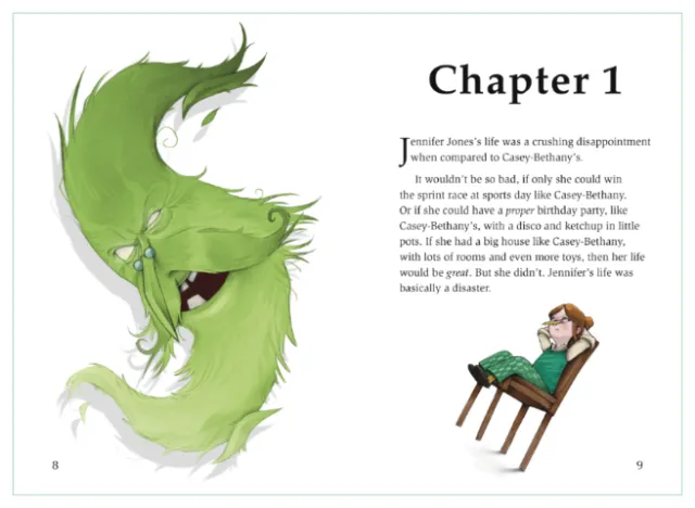 Child reading with green dragon illustration by Tom Bonson