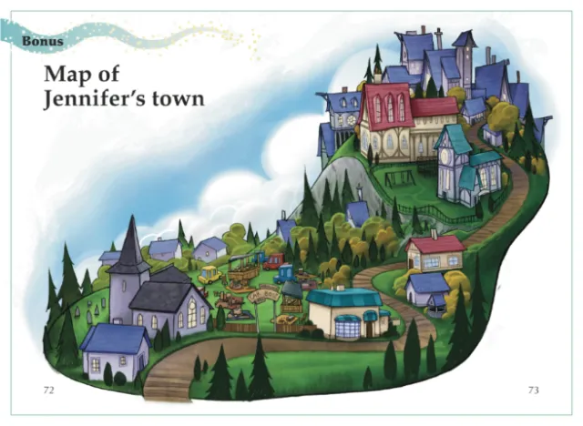 Illustrated colorful map of Jennifer’s town with buildings and castle by Tom Bonson