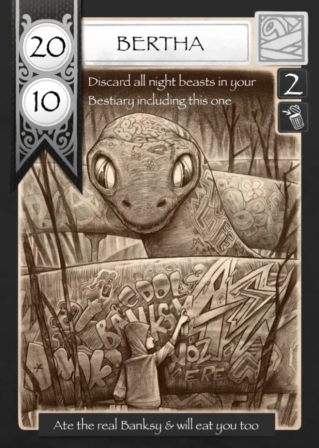 Bertha fantasy beast card illustration by Tom Bonson showing creature and game details