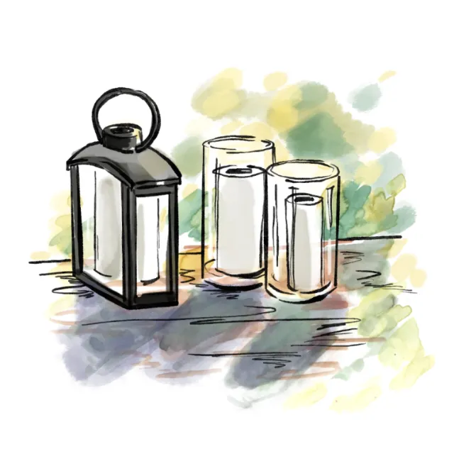 Watercolor lantern and two glasses on table by Briana Kranz