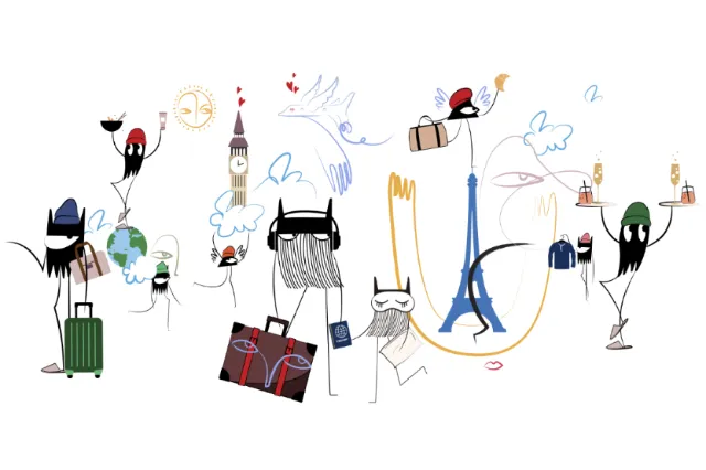 Abstract travel characters and landmarks illustration by Nadia Flower