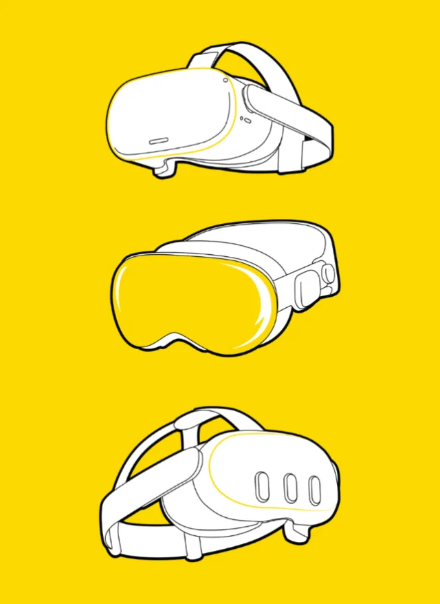 Three VR headsets on yellow background by Lukas Bischoff