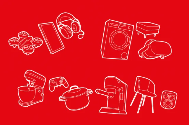 White line art of household and tech items by Lukas Bischoff