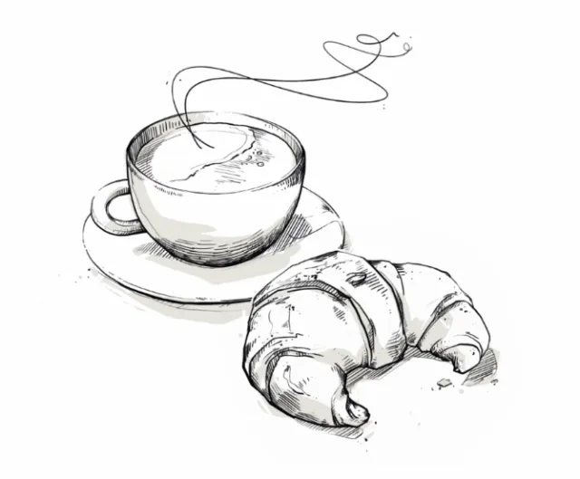 Illustration of a steaming coffee cup and croissant by Lukas Bischoff