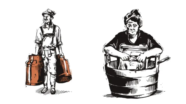 Vintage milkman carrying milk churns and woman washing clothes in tub by Lukas Bischoff