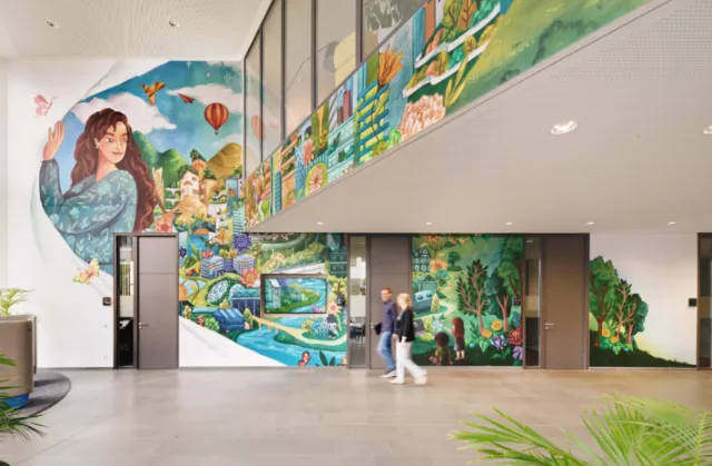 Nature-themed mural with wildlife and balloons by Alyssa De Asis