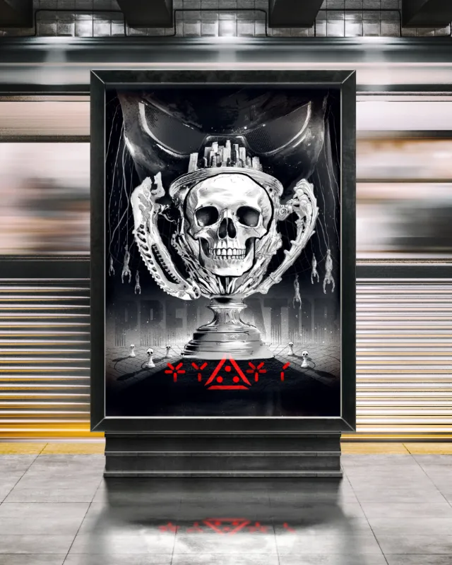 Metallic human skull trophy with red glyphs by Danny Allison