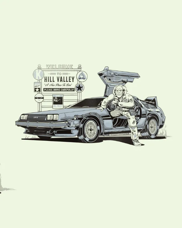 DeLorean car with gull-wing door and Hill Valley sign by Wagner Loud