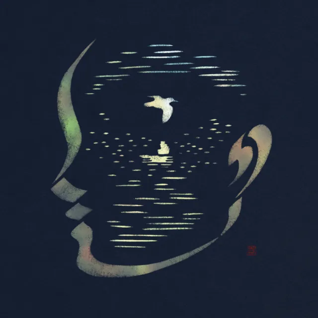 Head silhouette with birds flying across a serene water scene by Mayuko Fujino