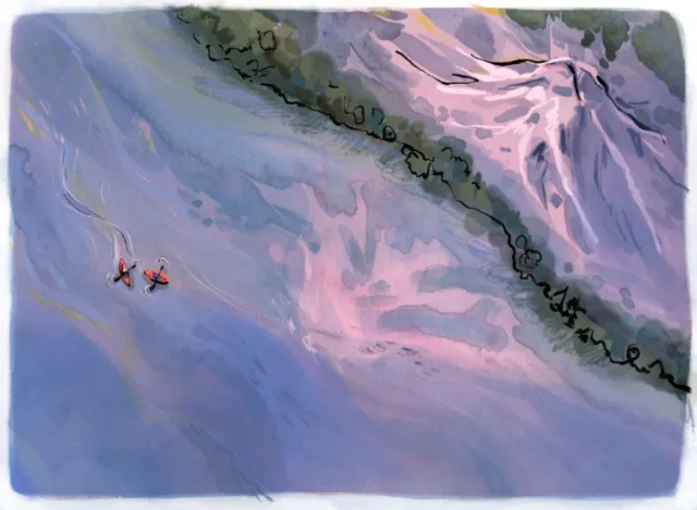 Artistic aerial view of kayakers on scenic river
