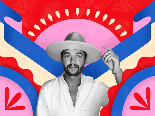 Portrait of man in wide-brim hat with colorful geometric background by Mel Cerri
