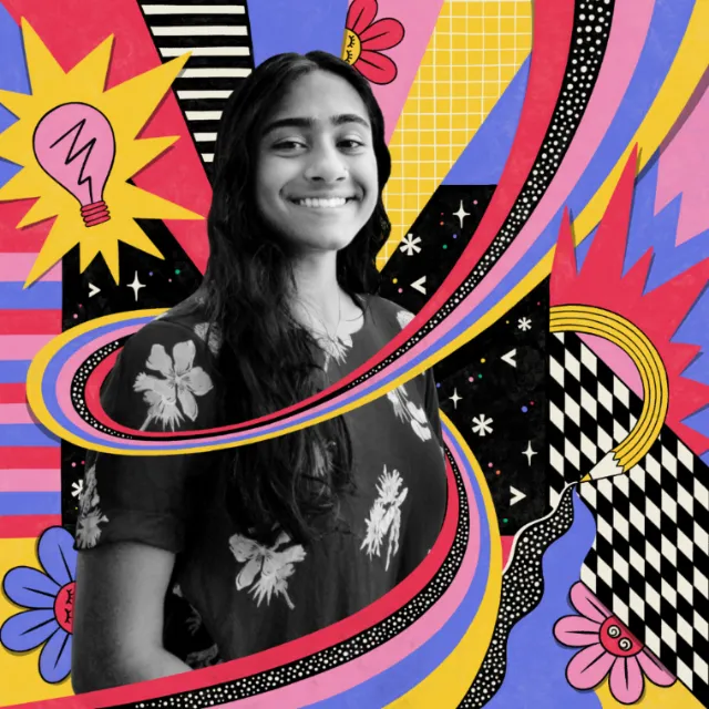 Illustration of a smiling young woman at Apple WWDC by Mel Cerri