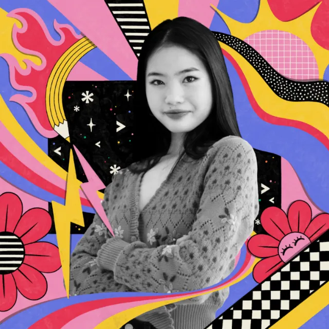 Illustration of a young woman with a vibrant, abstract background by Mel Cerri