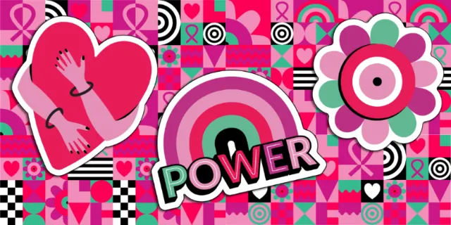 Colorful breast cancer awareness pattern with heart and power text by Mel Cerri