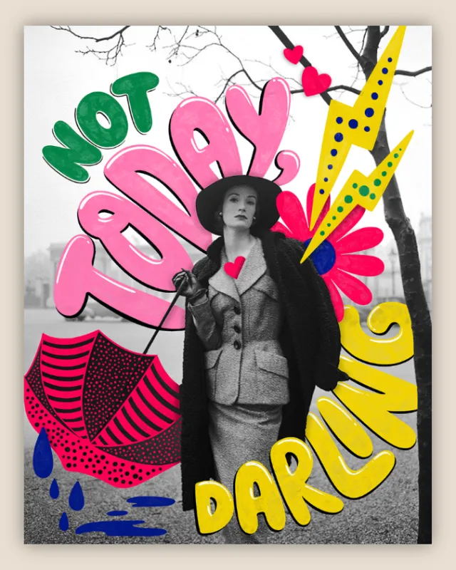 Collage of vintage woman with colorful text and design by Mel Cerri