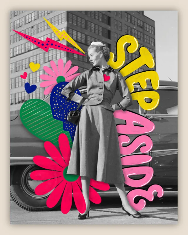 Vintage black-and-white woman with colorful collage by Mel Cerri