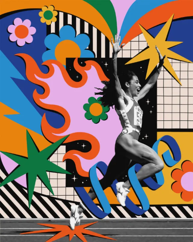 Florence Griffith Joyner running with vibrant collage elements by Mel Cerri