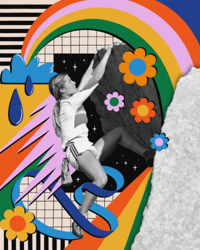 Illustration of climber Lynn Hill scaling El Capitan with colorful collage elements by Mel Cerri