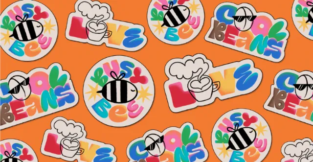 Colorful Deadline Coffee brand stickers with playful illustrations by Mel Cerri
