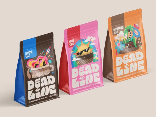 Colorful coffee bags with playful Deadline Coffee branding by Mel Cerri
