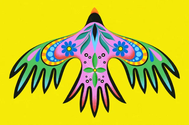 Brightly colored alebrije bird on yellow background by Mel Cerri