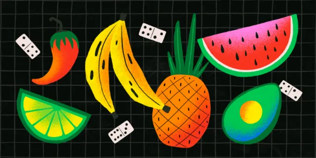 Illustration of tropical fruits and dominoes by Mel Cerri