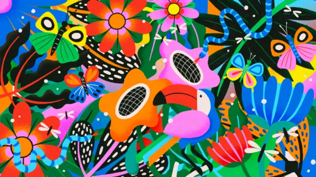 Vibrant Latinx cultural illustration with tropical birds, flowers, and colorful patterns by Mel Cerr