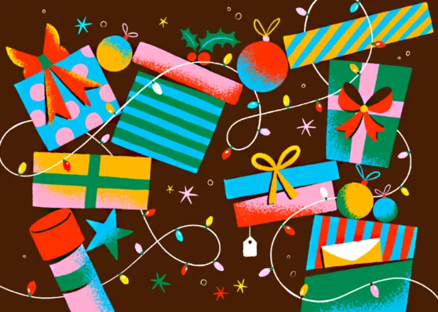 Christmas gift boxes and ornaments with festive colors by Mel Cerri