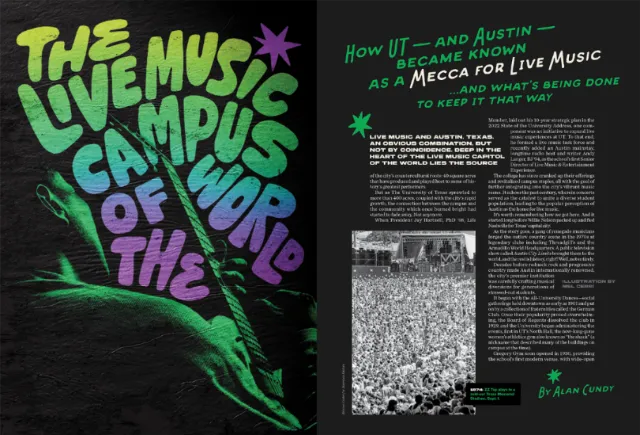Illustration with colorful lettering about live music history by Mel Cerri