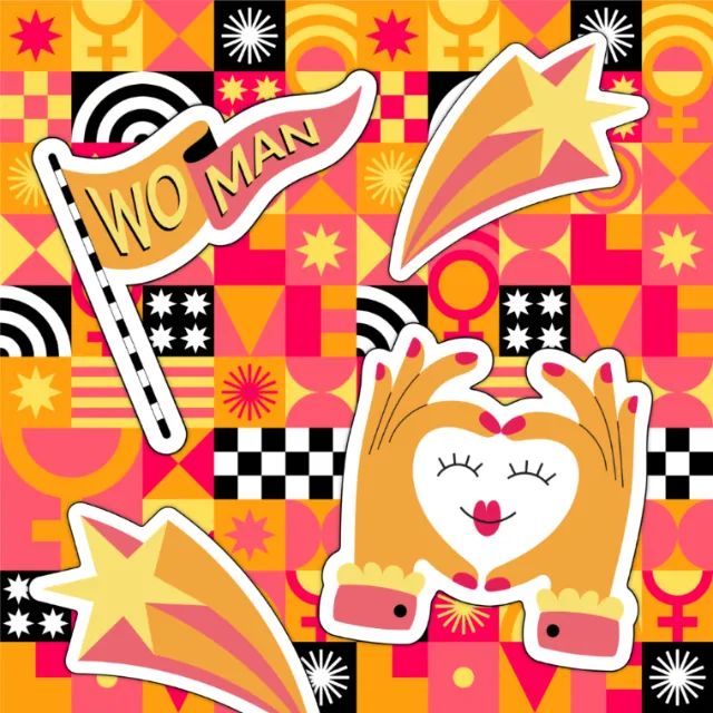 Illustration with 'Wo Man' flag and heart hands by Mel Cerri
