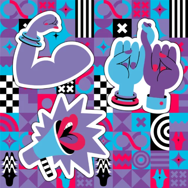 Illustrated icons of a flexed arm, crossed fingers, and megaphone by Mel Cerri