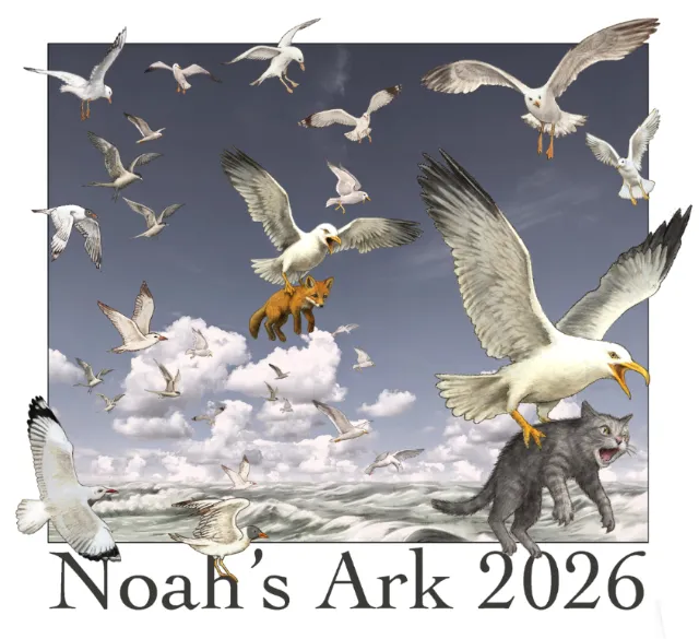 Seagulls carrying various animals over the sea, artwork by Alan Baker