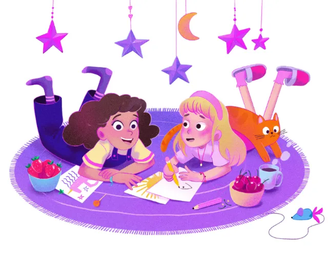 Two children drawing on a purple rug with a cat and hanging stars by Julia Prokhotskaya