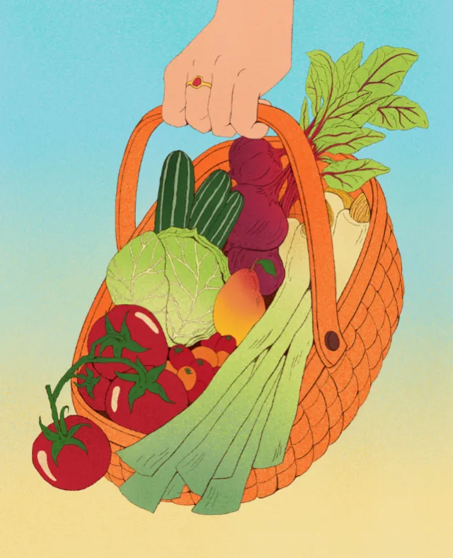 Hand holding basket with tomatoes, cabbage, beets, and greens by Debs Lim