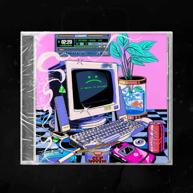 Vintage computer displaying sad face on screen with retro items by Heymoonly Dale