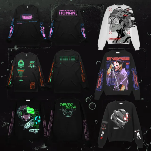 Futuristic graphic sweatshirts with neon cyberpunk designs by Heymoonly Dale