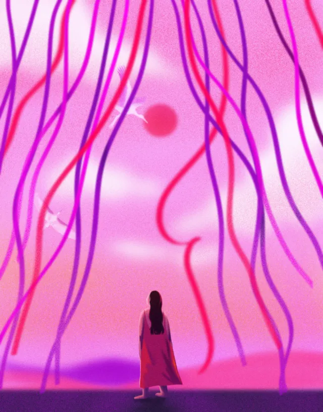 Silhouette of a person looking at abstract pink and purple flowing strands by Julia Prokhotskaya
