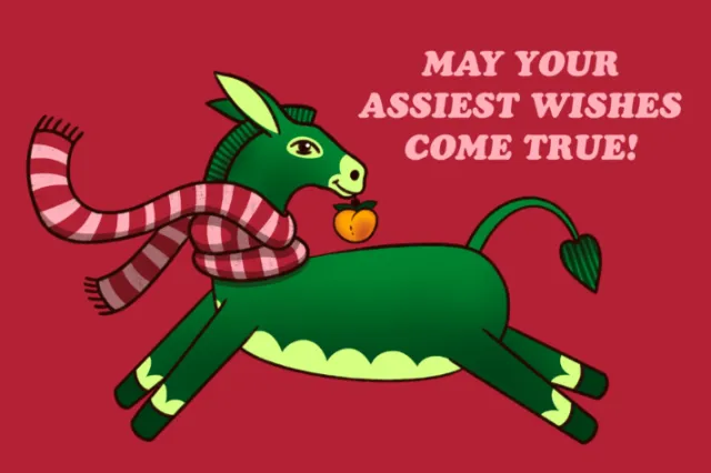 Green donkey wearing striped scarf holding apple by mouth, festive greeting