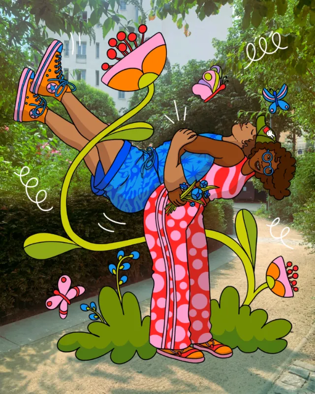 Illustration of dancing couple surrounded by colorful flowers by Rachel Winter