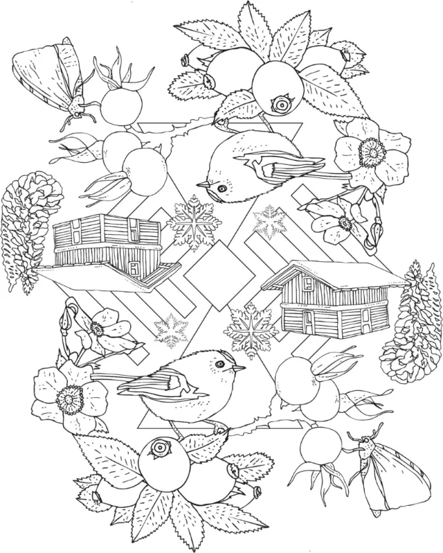 Black and white ink drawing of birds, leaves, berries, and wooden houses by Tobias Göbel