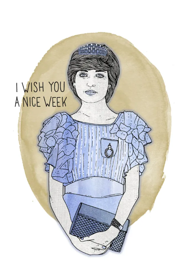Illustration of a woman in blue dress holding clutch saying I wish you a nice week by Tobias Göbel