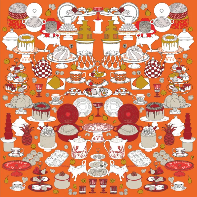 Symmetrical arrangement of vintage tea sets and desserts by Tobias Göbel