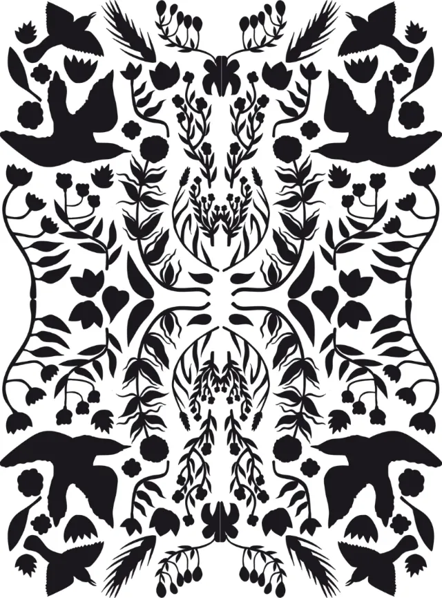Symmetrical black and white floral and bird pattern by Tobias Göbel