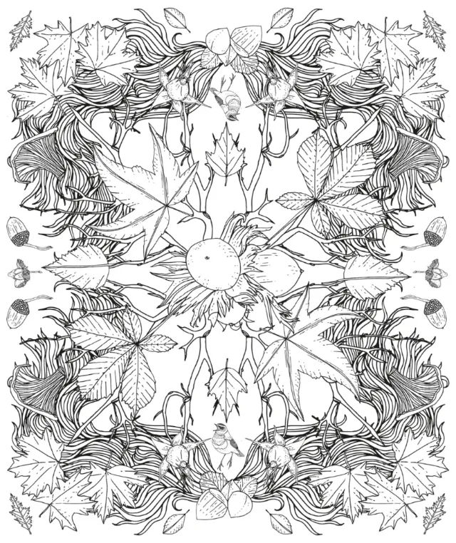 Detailed botanical line art with leaves and acorns by Tobias Göbel