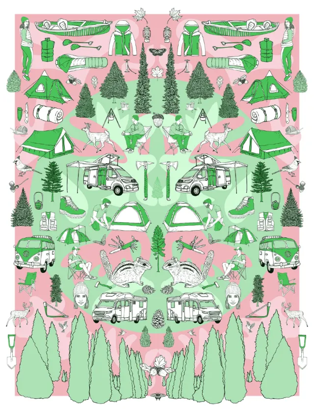 Symmetrical camping illustration with tents, vans, trees, and outdoor gear by Tobias Göbel