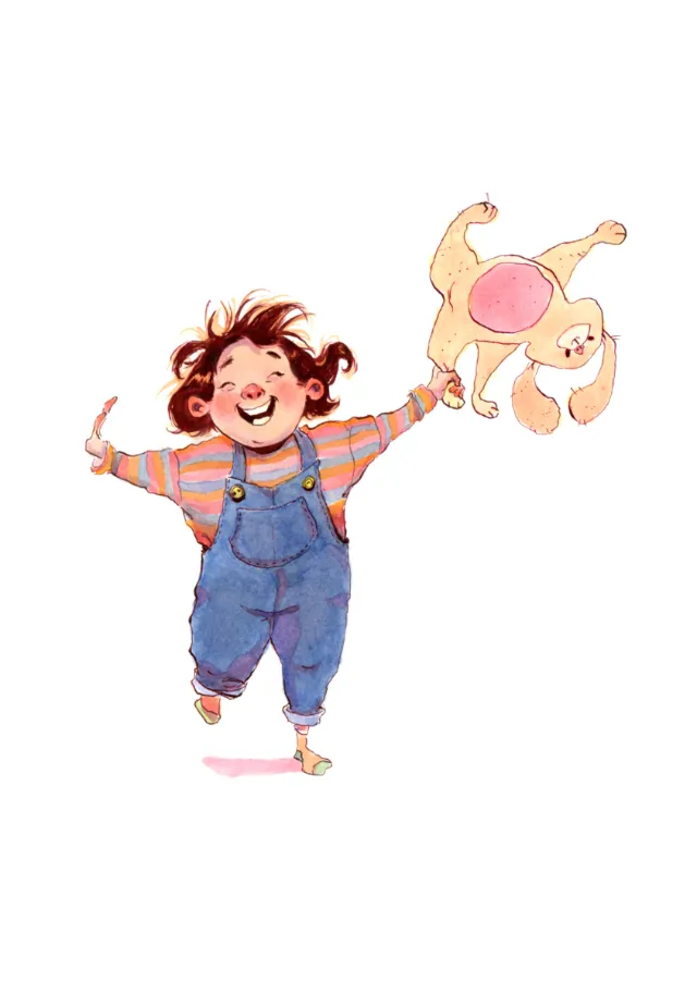 Joyful child throwing playful cat in the air illustration by Amandine Dugon